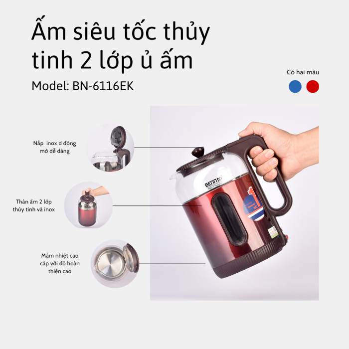 ấm siêu tốc thủy tinh 2 lớp Bennix BN-6116EK